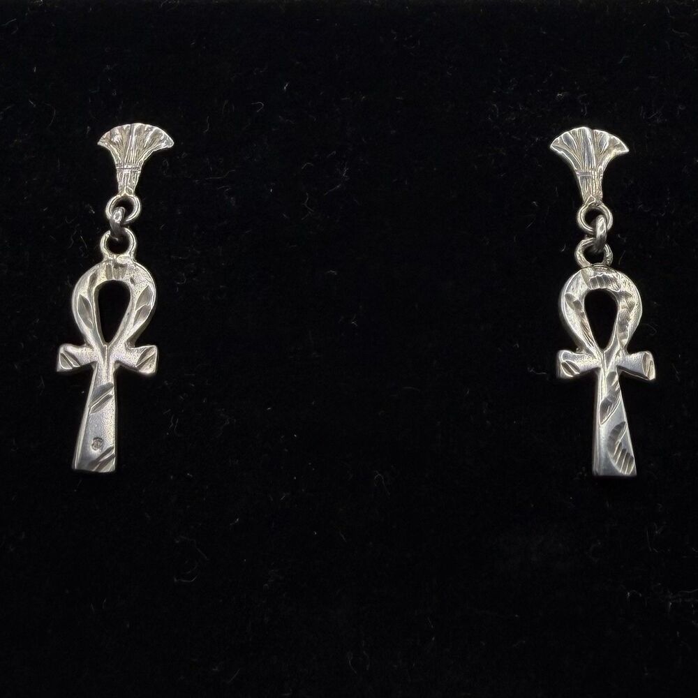 925 Egyptian Ankh Cross Dangle Earrings Sterling Silver 1.5” Vintage Style